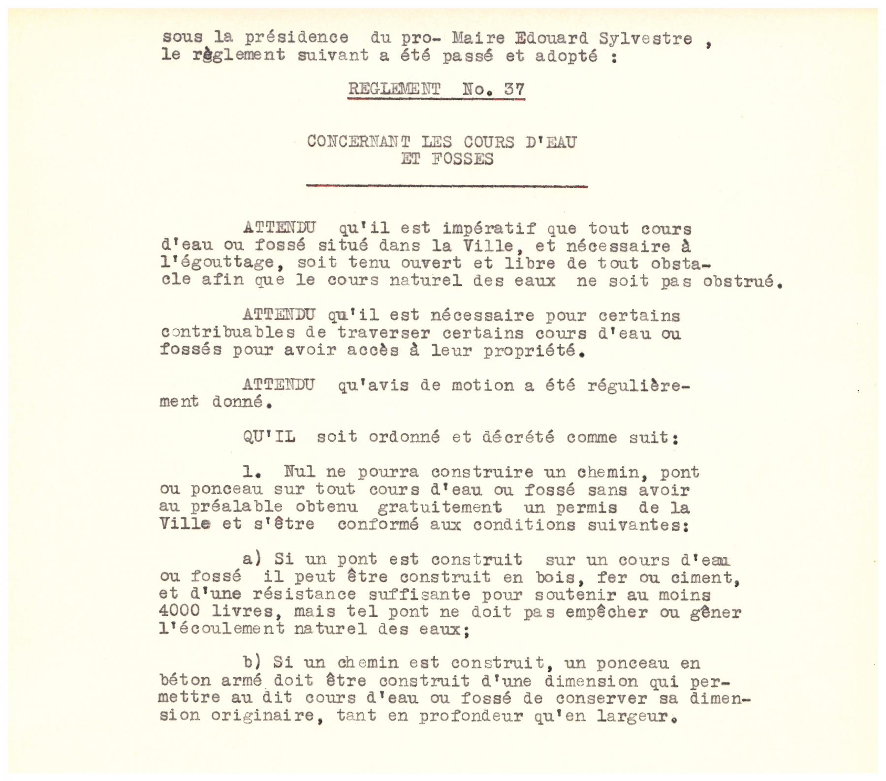 Règlement numéro 37 concernant les cours d’eau et fossés