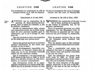 Loi constituant en corporation la ville de Jacques-Cartier et la ville de Mackayville.